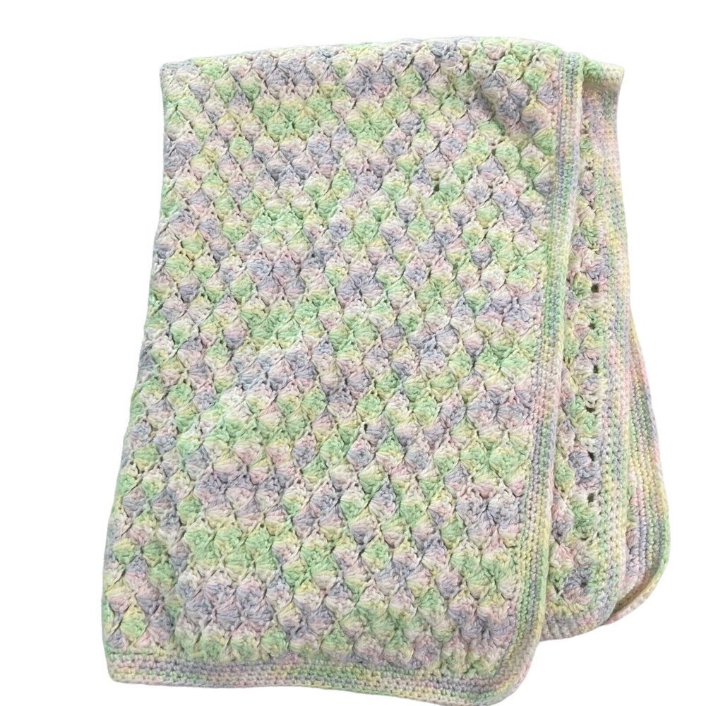 Vintage Crochet Pastel Multicolor Blanket Acrylic Throw Knit Crib Throw Decor